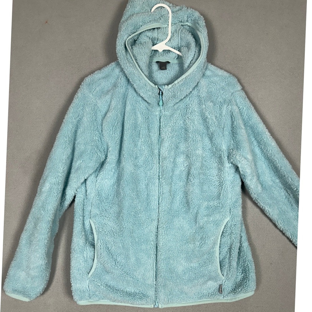 Eddie Bauer Hoodie Womens Large Full Zip Light Blue Fuzzy High Pile Fleece EUC